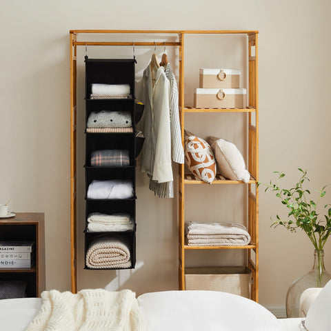 YOUDENOVA Hanging Wardrobe Organiser, 6 Shelves with Side Pockets, Grey – Make Every Shelf Count