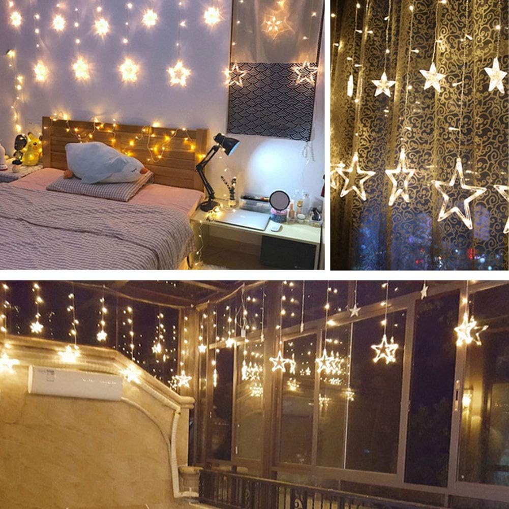 Star-shaped string lights used for room decor, including a bedroom and window setting.