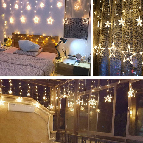 Star-shaped string lights used for room decor, including a bedroom and window setting.