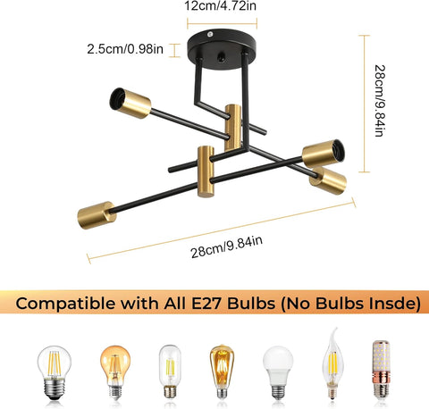 Ceiling light fixture with dimensions and compatibility with E27 bulbs on a white background