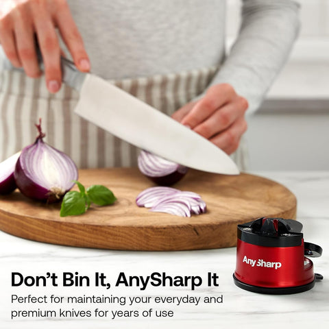 AnySharp Pro Metal Knife Sharpener – Hands-Free PowerGrip Suction | Sharpens All Knives | Hardened Steel & Serrated | Deep Red Finish