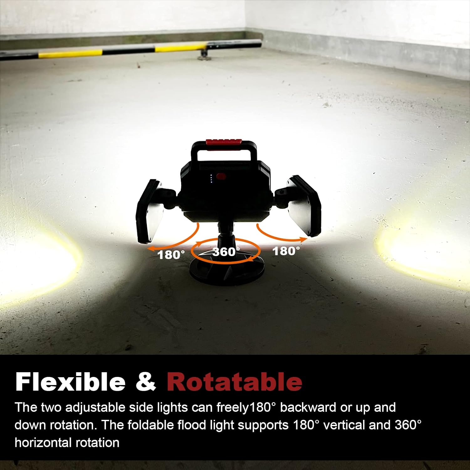 Flood light with adjustable side lights on a concrete floor, showing rotation capabilities.