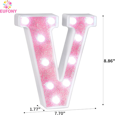 Pink Glitter LED Letter V Marquee Light