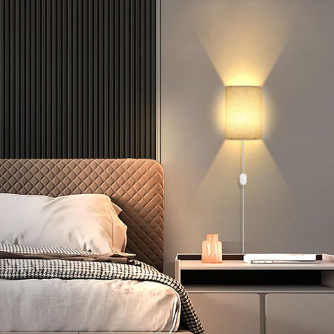 Plug In Dimmable Wall Lights with Switch Beige Fabric Shade