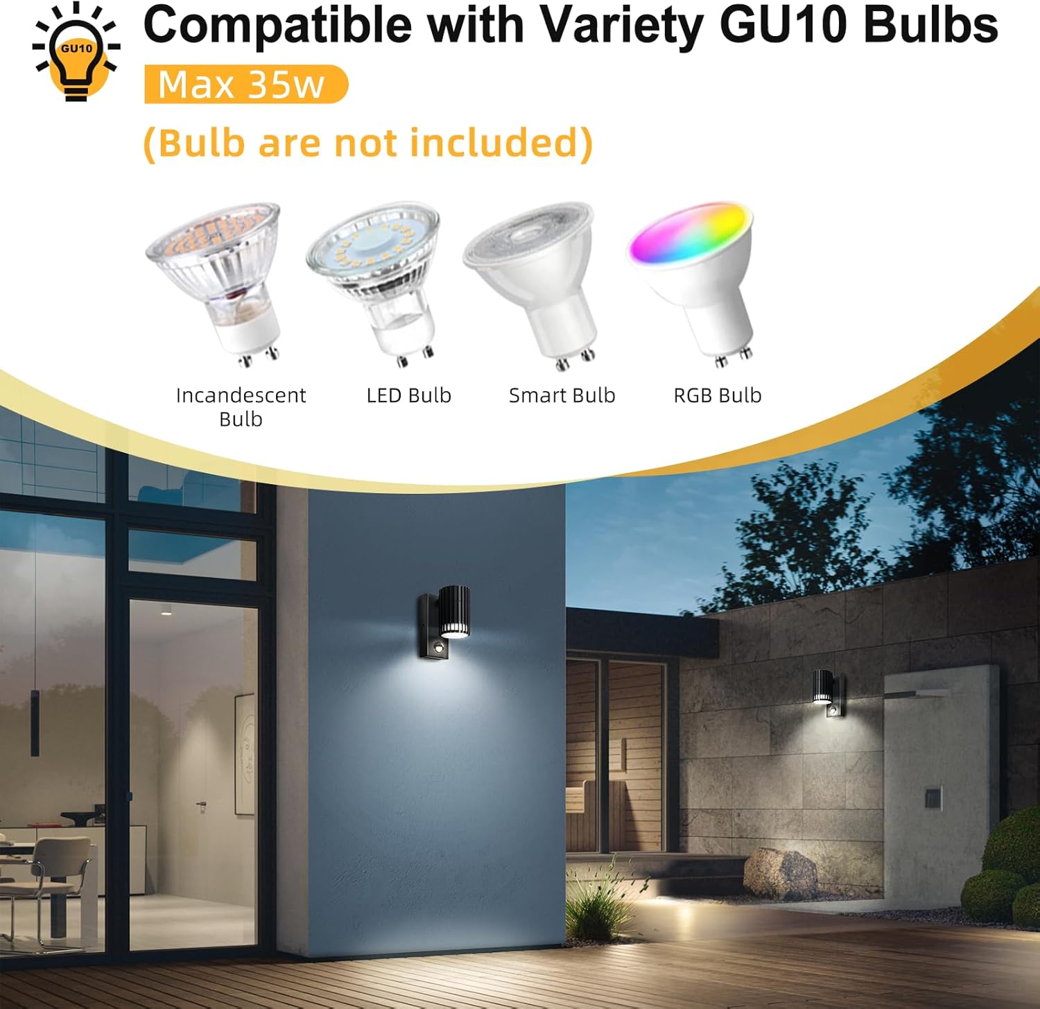 Outdoor setting with wall lights and compatibility information for GU10 bulbs.