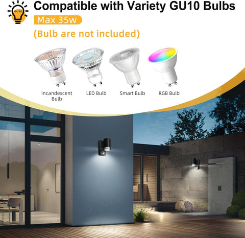 Outdoor setting with wall lights and compatibility information for GU10 bulbs.