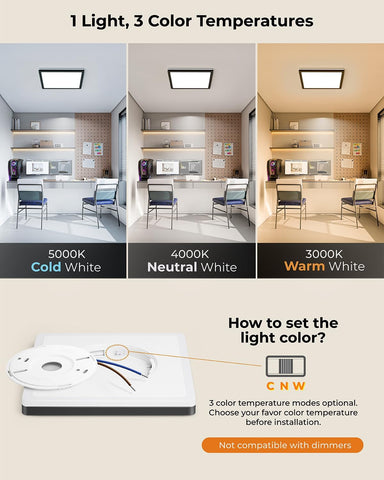 LED Ceiling Light Square, 28W 3200LM, 3 Color Temperature (3000K/4000K/6500K), IP54 Waterproof Flush Mount Light for Bathroom, Bedroom, Kitchen & Hallway