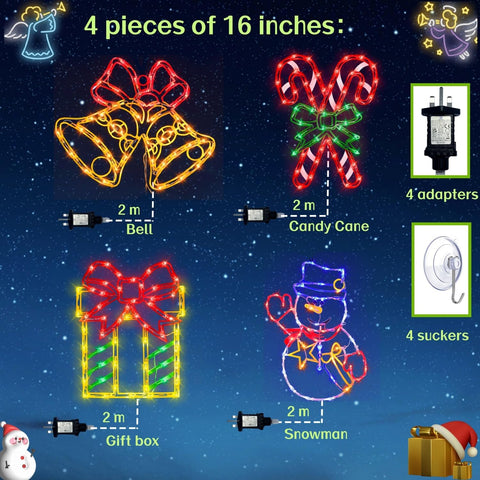 Pytopkto Christmas LED Window Silhouette Lights Set of 4 – Bell, Candy Cane, Snowman & Gift Box – Indoor & Outdoor Decorations