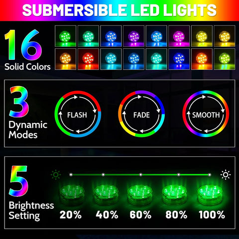 2 Pcs Submersible LED Pool Lights with Remote Control – Waterproof Colour Changing Underwater Lights for Pools, Ponds, Aquariums, Vases & Events