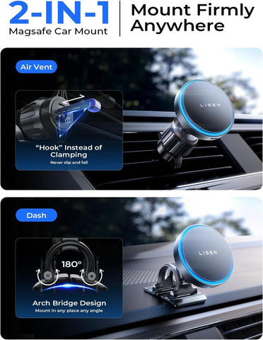 LISEN 15W Magsafe Car Charger Magnetic Phone Holder for iPhone – Black
