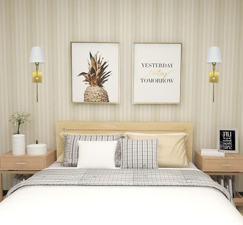 Battery Wall Sconces Sets of 2, Classic Brushed Brass Sconces Wall Lighting,Hardwired Bathroom Vanity Light Fixture with Fabric Shade for Bedroom Living Room