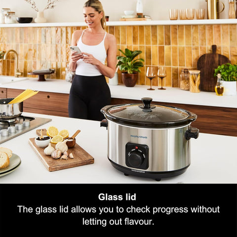 6.5L Silver Slow Cooker with Ceramic Pot, 3 Heat Settings, Easy Clean, Brushed Steel Family Cooker 461013
