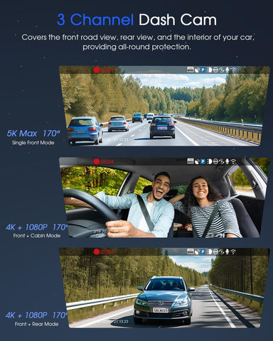 Avylet 5K/4K Triple Dash Cam with Front, Rear & Interior Cameras