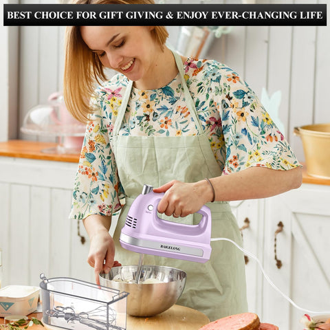 Hand Electric Mixer 300W – 5-Speed Handheld Blender with Turbo & 5 Stainless Steel Attachments for Baking – Purple