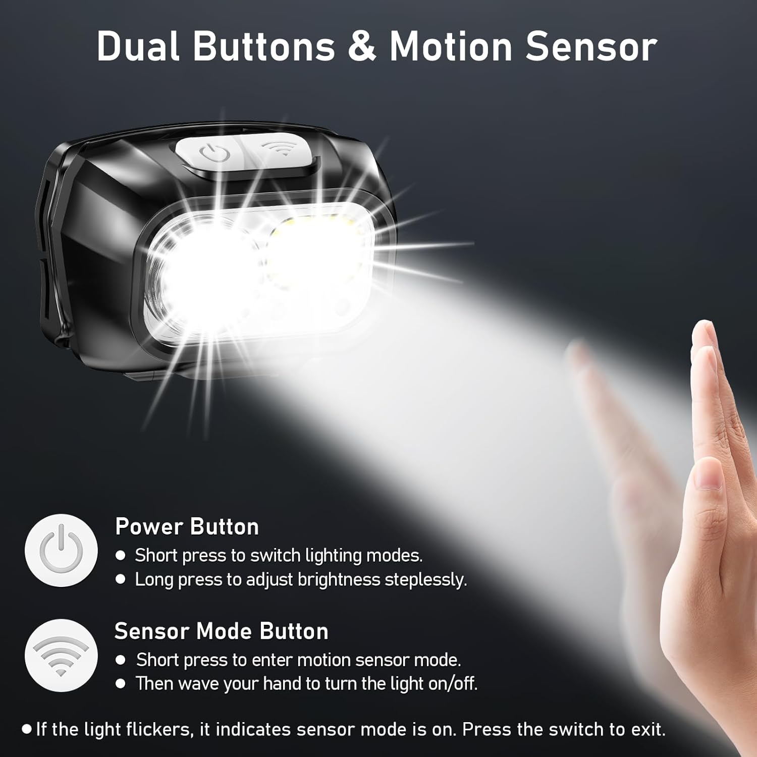 Black flashlight with dual buttons and motion sensor feature, showing light beam and hand gesture.