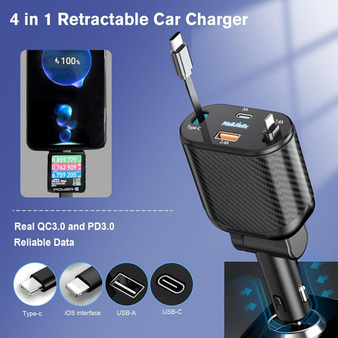 Retractable 62W Car Charger Adapter Dark Gray – 4-in-1 USB-C & USB Fast Charger