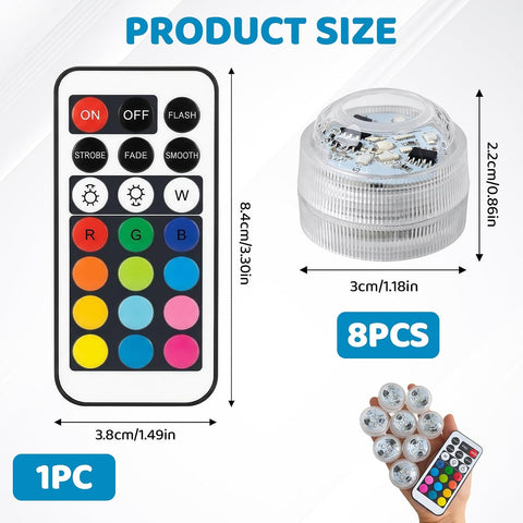8 Pcs Submersible LED Lights with Remote – Waterproof RGB Underwater Lights with 12 Colours for Pools, Spas, Fountains, Ponds & Decorative Displays
