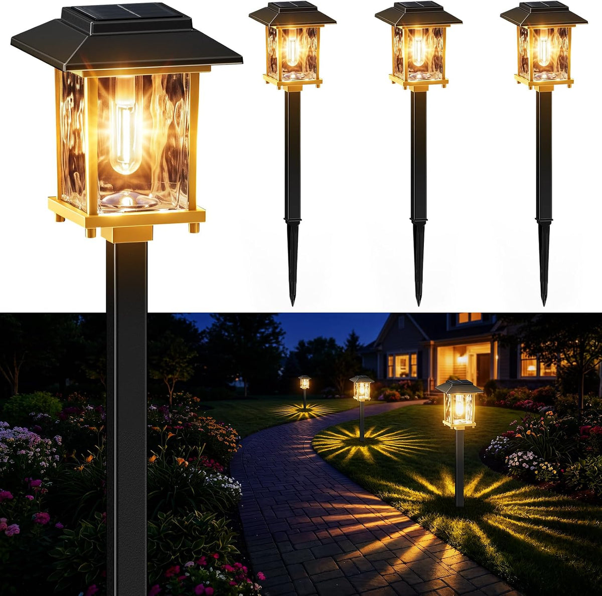 4 Pack Solar Lights Outdoor, Stainless Steel Glass Solar Pathway Lights