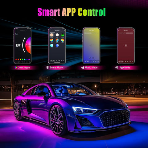 Car LED Interior Lights – RGB Ambient Lighting with APP Control, 16 Million Colours, USB Powered, Music Sync & Memory Function for Universal Vehicles