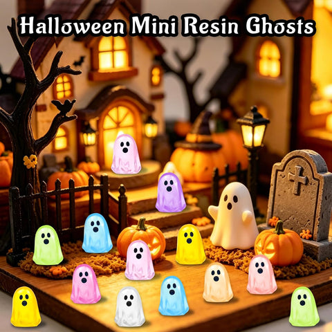 60 Pcs Halloween Luminous Mini Ghost Figures – Glow in the Dark Resin Ghost Decorations for Vases, Fairy Gardens, Shelves & Party Décor