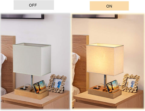 USB Bedside Table Lamp with 3 USB Charging Ports & Phone Charge Dock – Wooden Charging Station Desk Lamp with Device Organiser for Bedroom, Guest Room, Living Room & Office