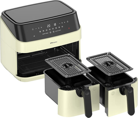 Dual Air Fryer 9L Extra Large Family Size – Double Drawer, 8 Preset Menus, Oil-Free Low Fat Cooking, 99-Min Timer, Cream Finish