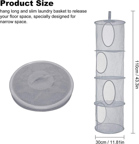 Hanging Mesh Storage Net, 4 Tier Compartments Foldable Hanging Soft Toy Storage Basket Mesh Storage Bag, Space Saving Organizer for Toys Clothes Sundries (Gray)