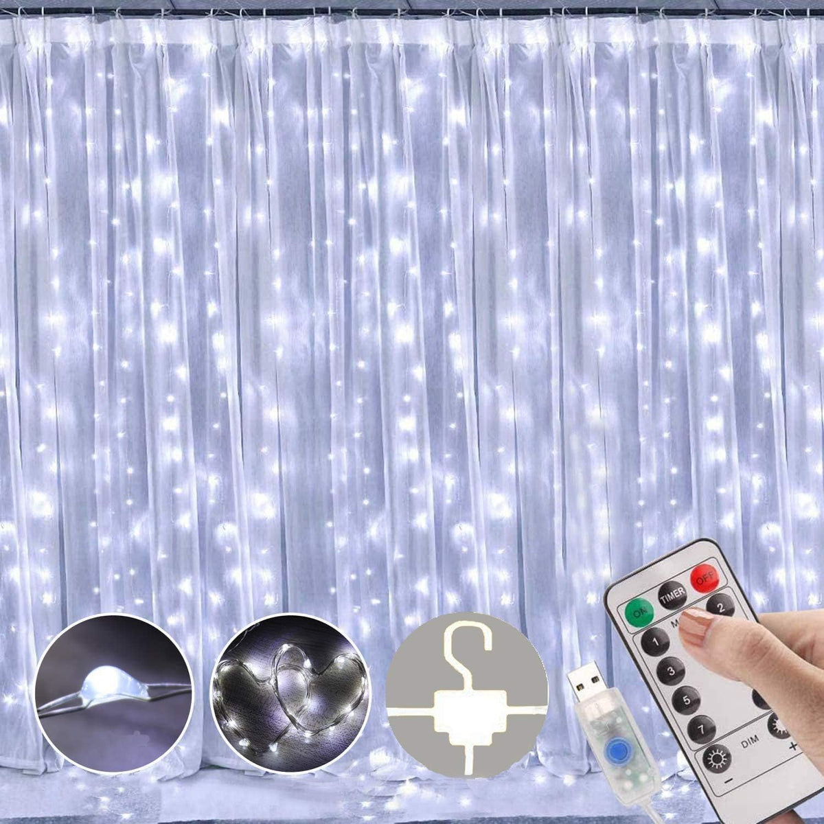 LED Curtain Fairy Twinkle Lights 3x3m 300 LEDs – Cool White – Unihoh