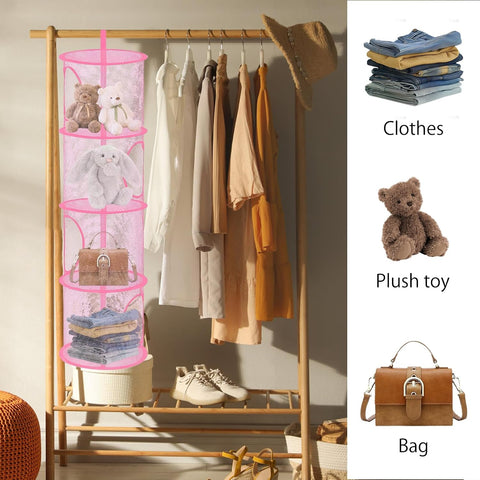 APOMOONS Hanging Mesh Storage Basket, 4-Tier Pink Teddy Toy Organiser – Give Every Cuddly Toy a Cosy Place