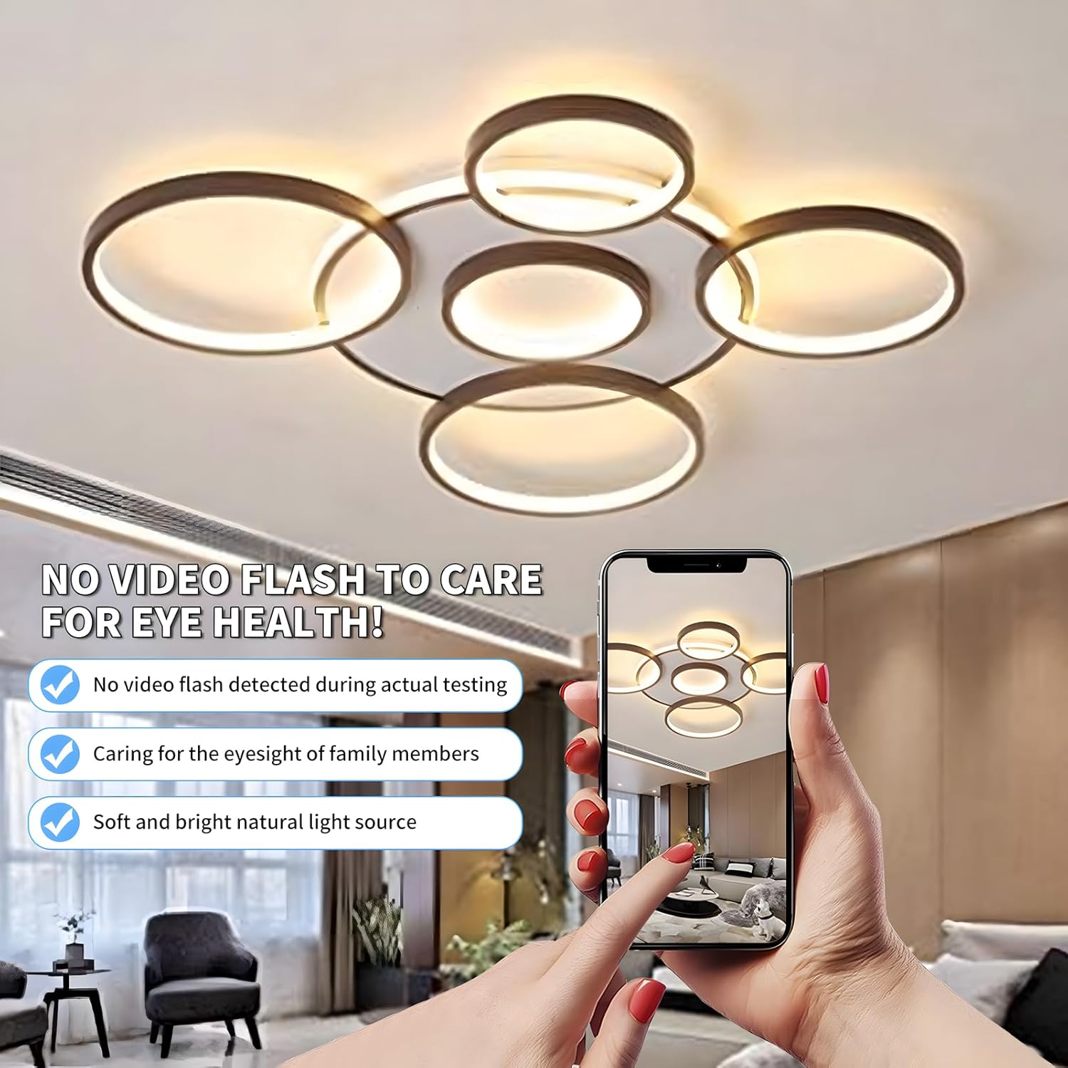 Modern chandelier with a smartphone showing a live feed of the light fixture in a room.