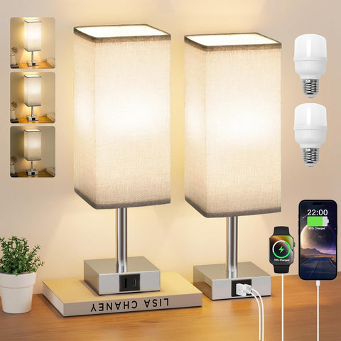 Aooshine Touch Bedside Lamps Set of 2 with USB-A & USB-C Charging Ports, 3-Way Dimmable LED Table Lamps with Grey Linen Shades for Bedroom, Living Room & Study