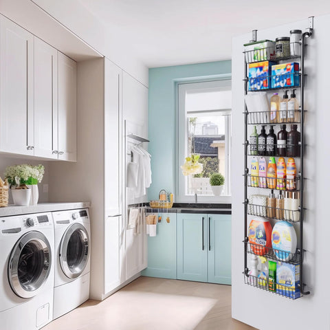 Delamu 8-Tier Over Door Storage Organiser, Adjustable Metal Pantry Shelves, Hanging Spice Rack for Kitchen, Bathroom & Laundry, White