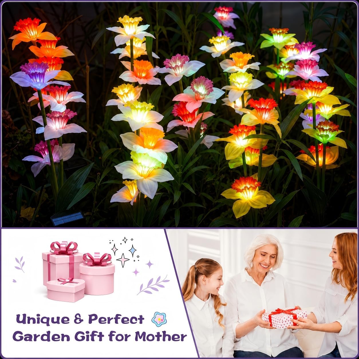 Solar Daffodil Flower Lights, Color Changing Garden Decor (4 Pack)