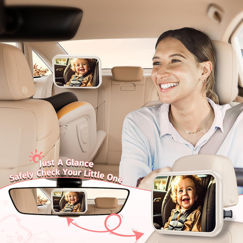 Baby Car Mirror with Hook Clip – 360° Rotating Shatterproof Rear Seat Mirror – White