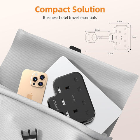Double Plug Adaptor with USB – 2-Way UK Wall Socket Extender with 3 USB Ports & 5cm Short Extension Lead, Black – Make Room for More of Your Everyday Essentials