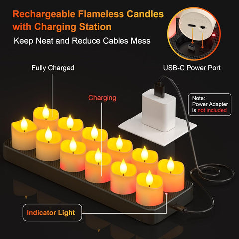 12PCS Rechargeable LED Tea Light Candles with Remote & Timer, Flameless Flickering Electric Tealights with Charging Base for Home & Holiday Décor
