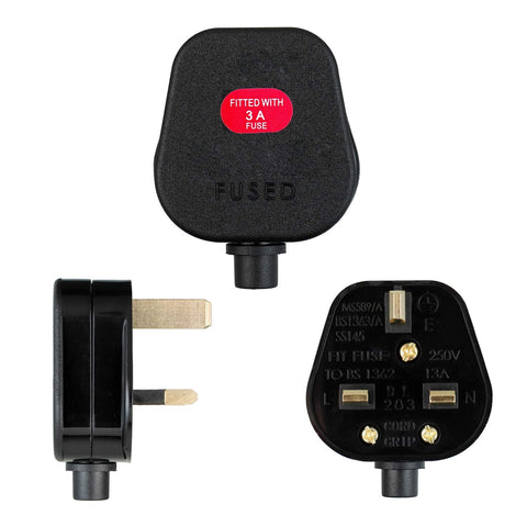 3A Fused Mains Plug with Cord Grip Black Pack of 1