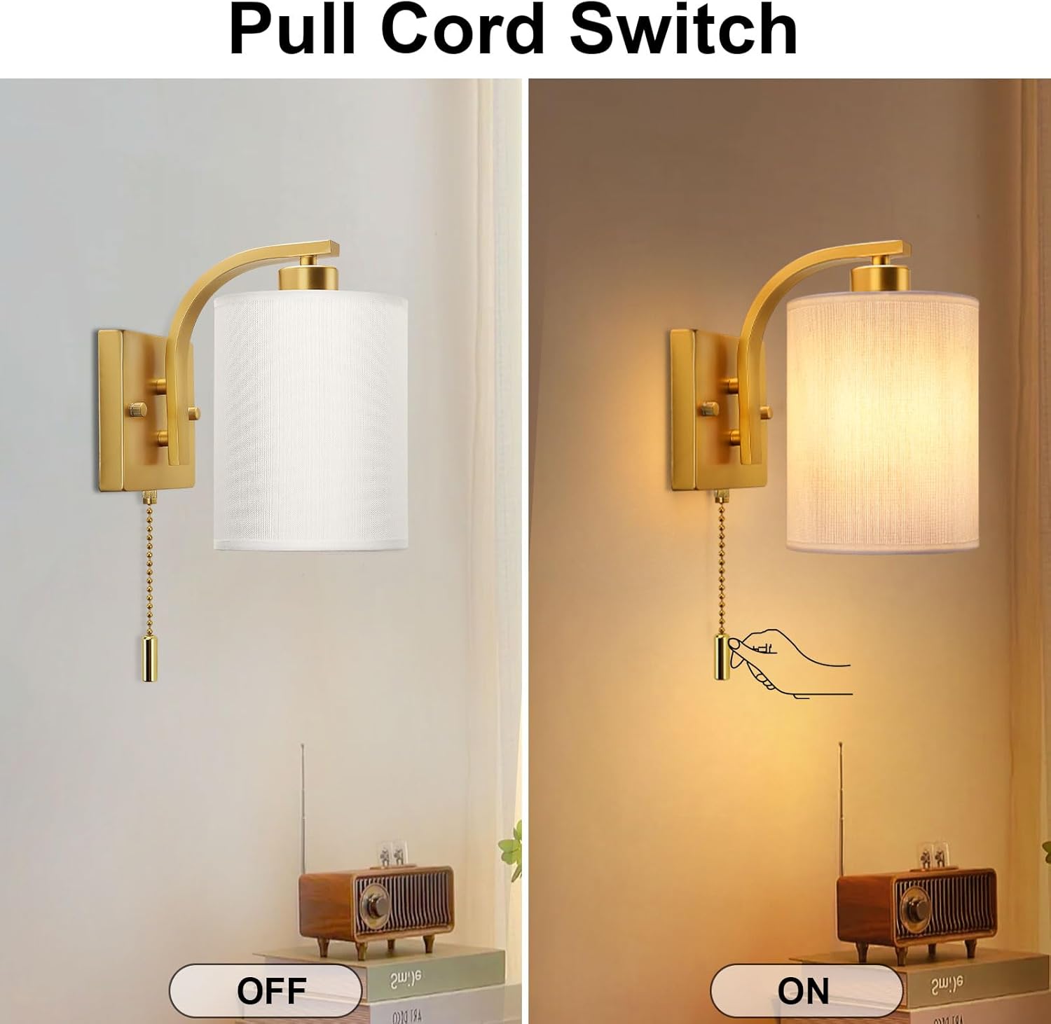 Wall lamp with pull cord switch on a light gray and beige background