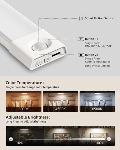 EZVALO 3 Pack 8'' Rechargeable Under Cabinet Lights – Motion Sensor LED Kitchen & Cupboard Lighting, Dimmable 3 Colour Temperatures - Light Up the Corners You Usually Forget