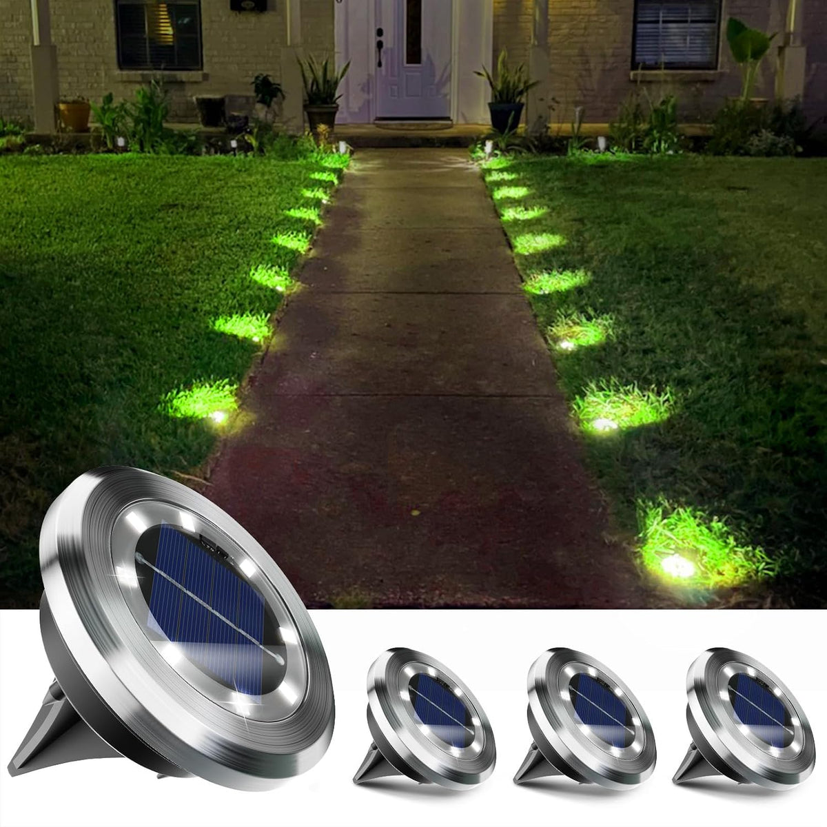 Anordsem Solar Lights Outdoor Garden: 4 Pack Stainless Steels 8 LED Ground Light - Waterproof White Lighting for Pathway Deck - Gardening Gifts for Christmas Decorations