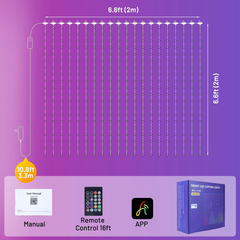 Smart App Light Curtain 2x2m – 400 LED Christmas Window Curtain Lights with DIY Patterns, App & Remote Control, Music Sync & IP65 Waterproof Design - Turn Any Wall Into Your Own Little Light Show