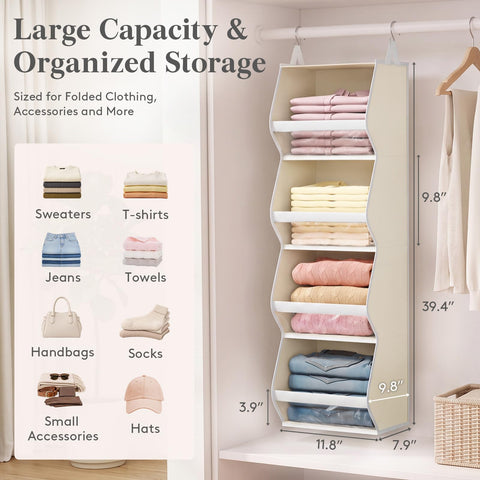 Lifewit 4-Tier Hanging Wardrobe Storage Organiser – Grey Foldable Closet Shelves with Clear PVC Window