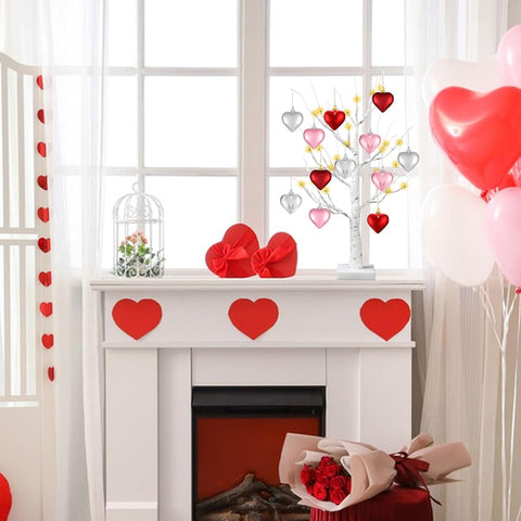 24 Inch Lighted Valentine Heart Tree, Pre-Lit Birch Style Table Décor with Heart Ornaments