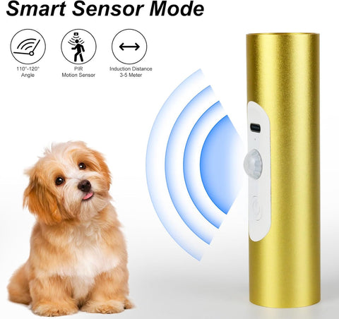 Gold electronic device with a dog and smart sensor mode text on a white background