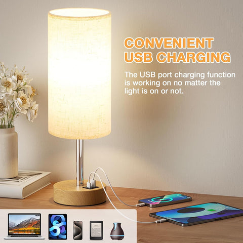 Aooshine Bedside Lamp with Touch Control, 3-Way Dimmable LED Bulb, USB-A & Type-C Charging Ports – Off White Linen Table Lamp for Bedroom, Living Room & Desk