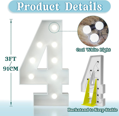 3FT Light Up Numbers Birthday Decoration Large Marquee Numbers 4 for 4th 40th Birthday Party Decor Wedding, Big Number Frame Foam Cardboard Mosaic Arch Stand Pre-cut Numbers