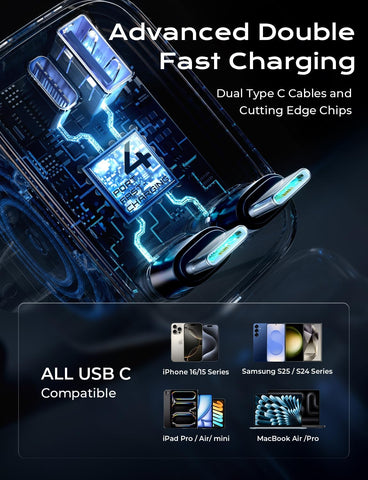 LISEN 69W Retractable Car Charger USB-C Fast Charging Adapter – Black