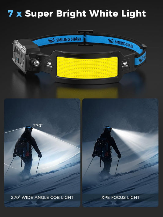 Smiling Shark Headlamp, Head Lamp LED Rechargeable 6 Modes 7*White Lights 270° Lighting Width Motion Sensor Red Tail Light for Camping Fishing Running Repairation, LED-HeadLamp-Rechargeable-Light