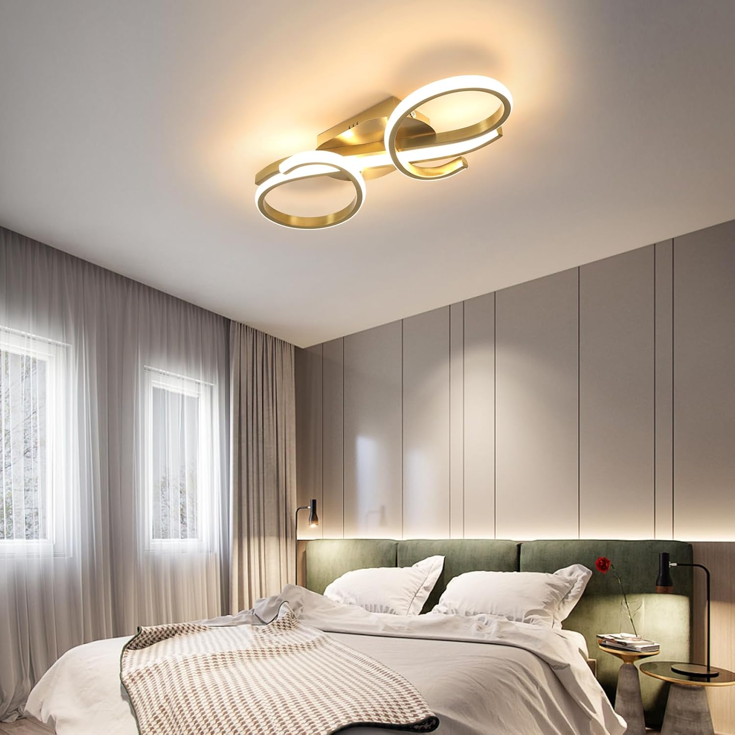 Modern bedroom with a ceiling light fixture