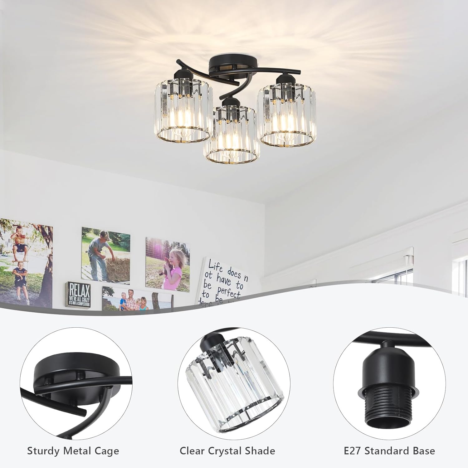 Ceiling light fixture with clear crystal shades and sturdier metal cage, shown in a room setting.